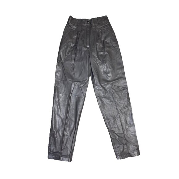 VINTAGE Womens Gray Leather Pants Trousers High Waist Pleated Career Goth 26x29 - Picture 1 of 9